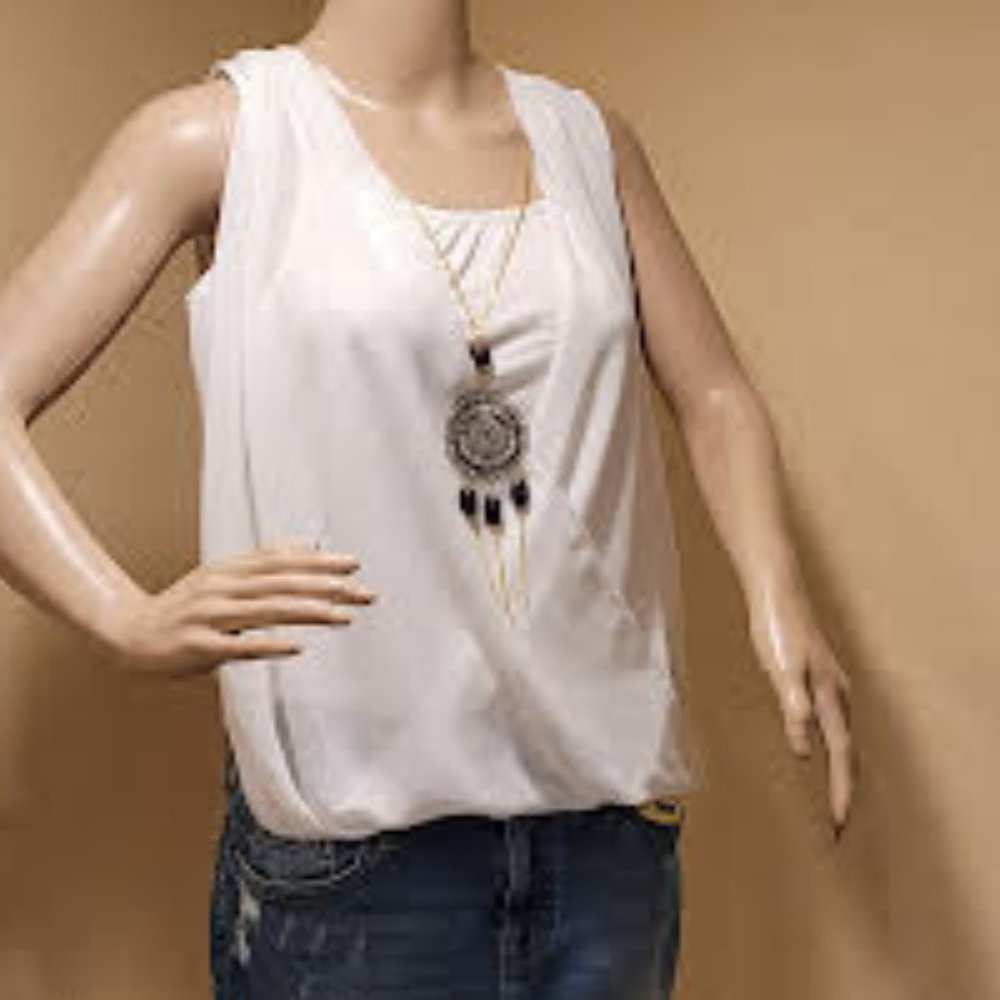 BCX white sleeveless top with front inner tank & detachable necklace - Sz Medium - Picture 2 of 10